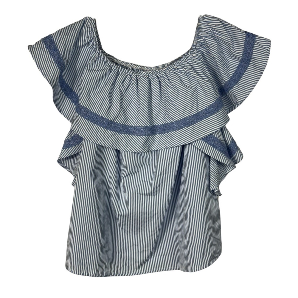 MiaoMiao Blue Seersucker Striped Ruffle Top Preppy Summer Blouse Medium M NWT